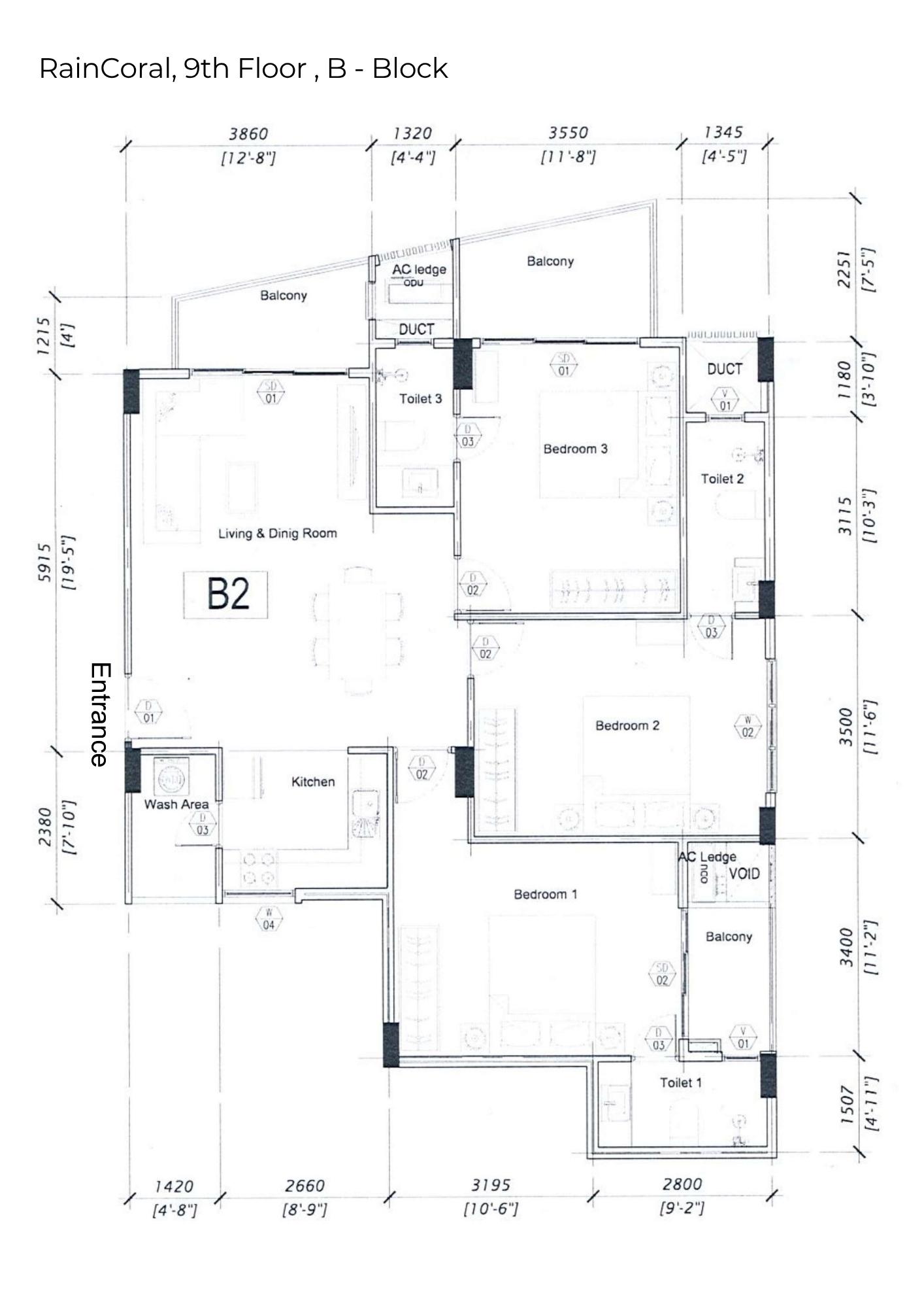 Floor plan — Sunlit 3-Bedroom Apartment for Rent | The RainCoral Residence